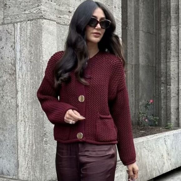 NwtβZara Burgundy Oversized Knit Jacket Cardigam - Picture 6 of 11